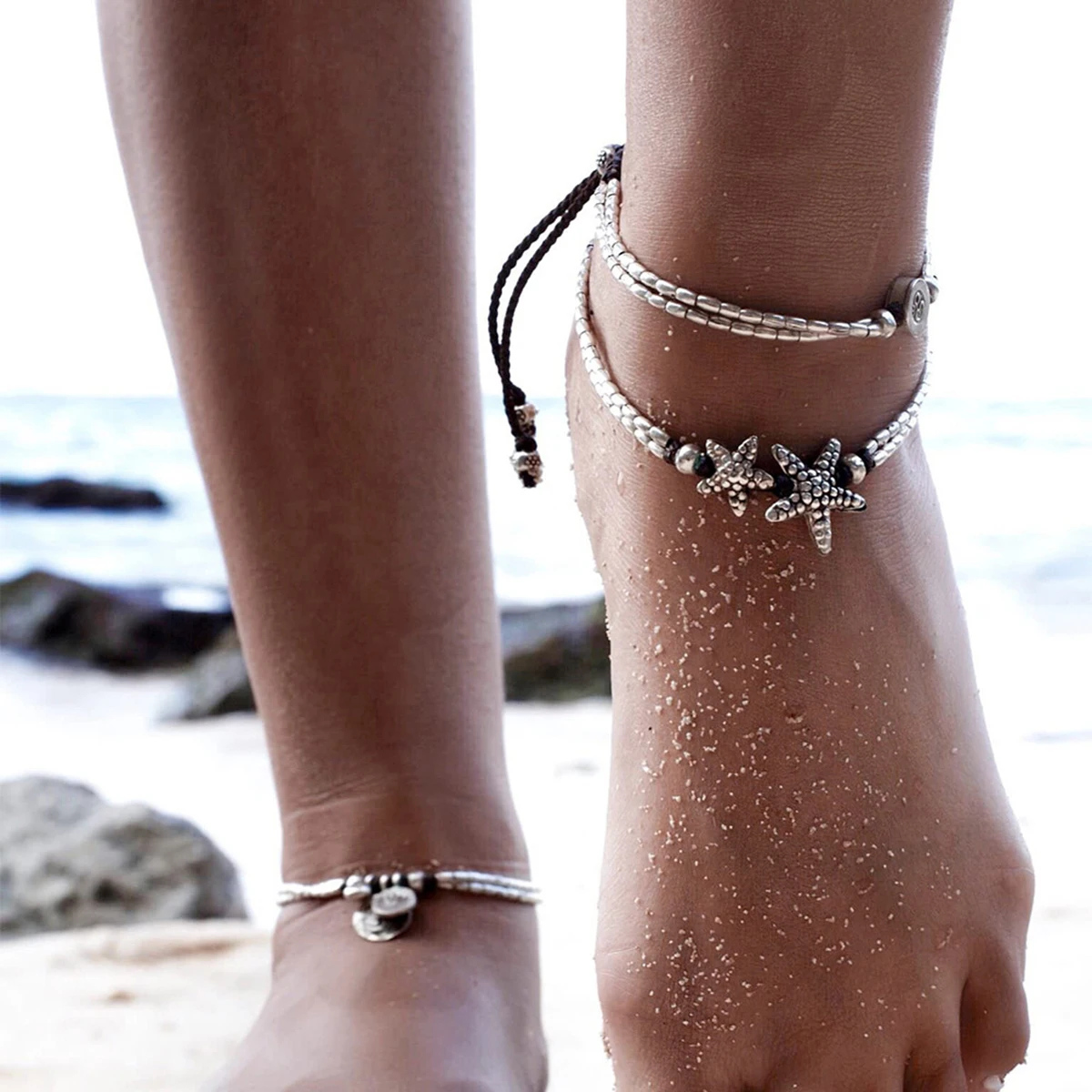 Sexy Women Boho Starfish Anklet Double Chain Jewelry Vintage Ankle Bracelet For Women Buddha Barefoot Beach Jewellery Shellhard