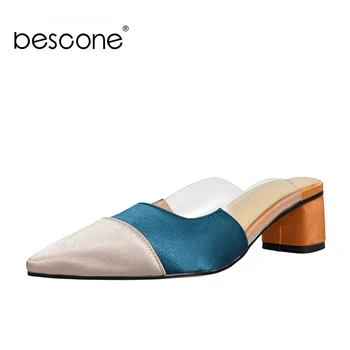 

BESCONE Fashion Casual Mules Fashion Color Stitching Handmade Comfortable Lady Shoes Mid Square Heels Pointed Toe Pumps BO146