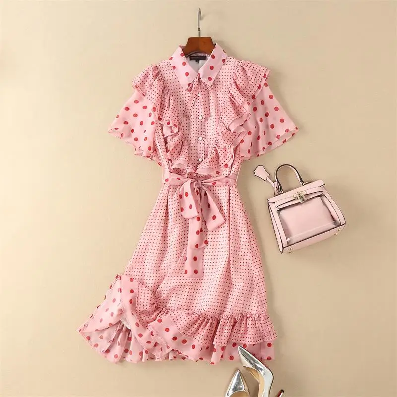 

Women Summer Dresses 2018 High Quality Designer Runway Turn-down Collar Short Sleeve Dot Printed Ruffles Casual Dress DX0617