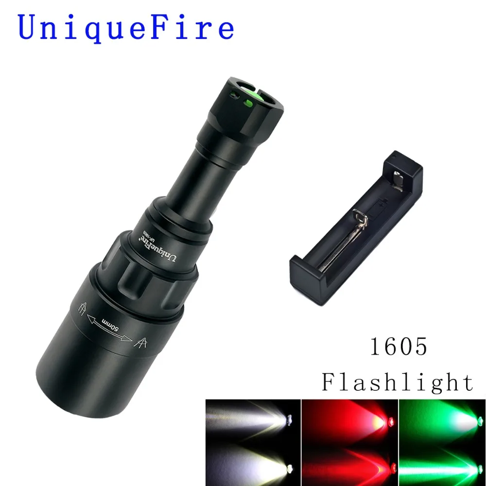 

UniqueFire 1605 T50 XRE LED Flashlight(Red/White/Green Light) 3 Modes 240 Lumens Torch Zoomable Lamp Aluminum with Charger