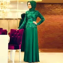 Hijab Long Dress Lace Gown 2015 Cheap Elegant Sexy Emerald Green Chiffon Long Sleeve Muslim Evening Dresses Vestido De Festa