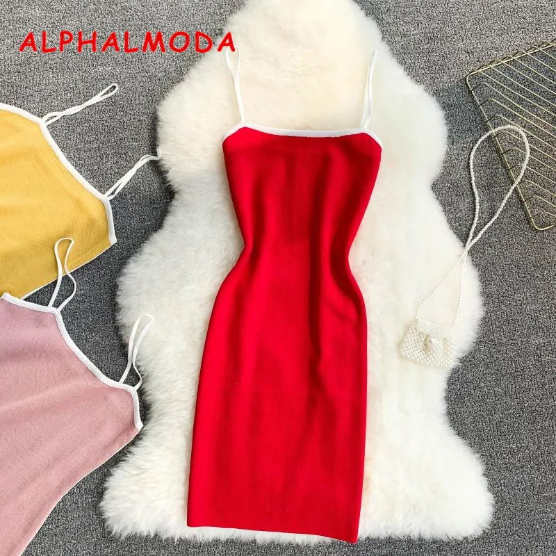 ALPHALMODA летнее женское облегающее трикотажное платье без рукавов, пуловеры, тянущиеся, облегающие бедра, однотонные вязаные платья