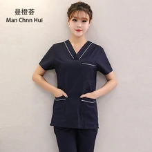 Медицинский костюм хлопок женский короткий рукав скраб костюмы Стоматологическая косметологическая оральная pet летняя операционная комната хирургическое платье топ+ брюки