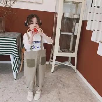 

2019 New Girls Boys Pockets Overalls Fashion Spring Cotton Kids Pants 1-7t PE856
