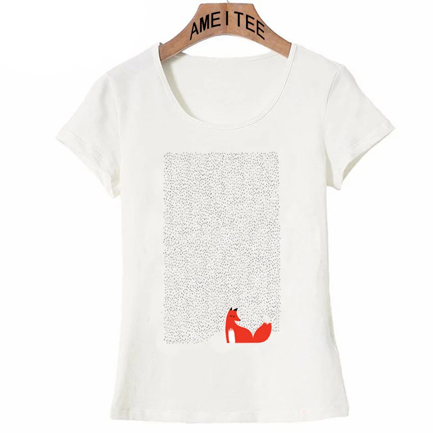 

New summer cute Women t-shirt Black grass and red fox art T-Shirt maiden casual Tops ladies novelty Tee Cute girl short sleeve