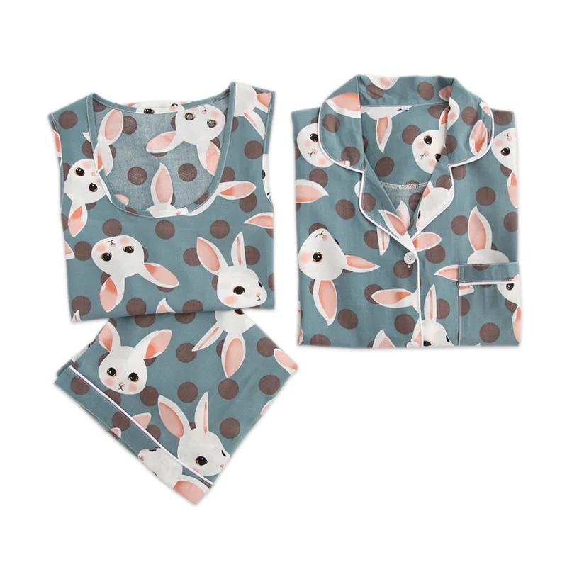 

Summer sexy 3-piece suits indoorwear women cute bunny simple 100% Rayon sleepwear for women pajamas sets rabbit bamboo pajamas