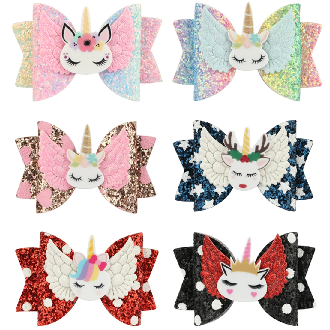 

1 PC Girls Shiny Hair Bows Unicorn Barrettes Wing Fly Hairpins 3 Inch Hairbow Cartoon Print Acrylic Children Sweet Head Wears