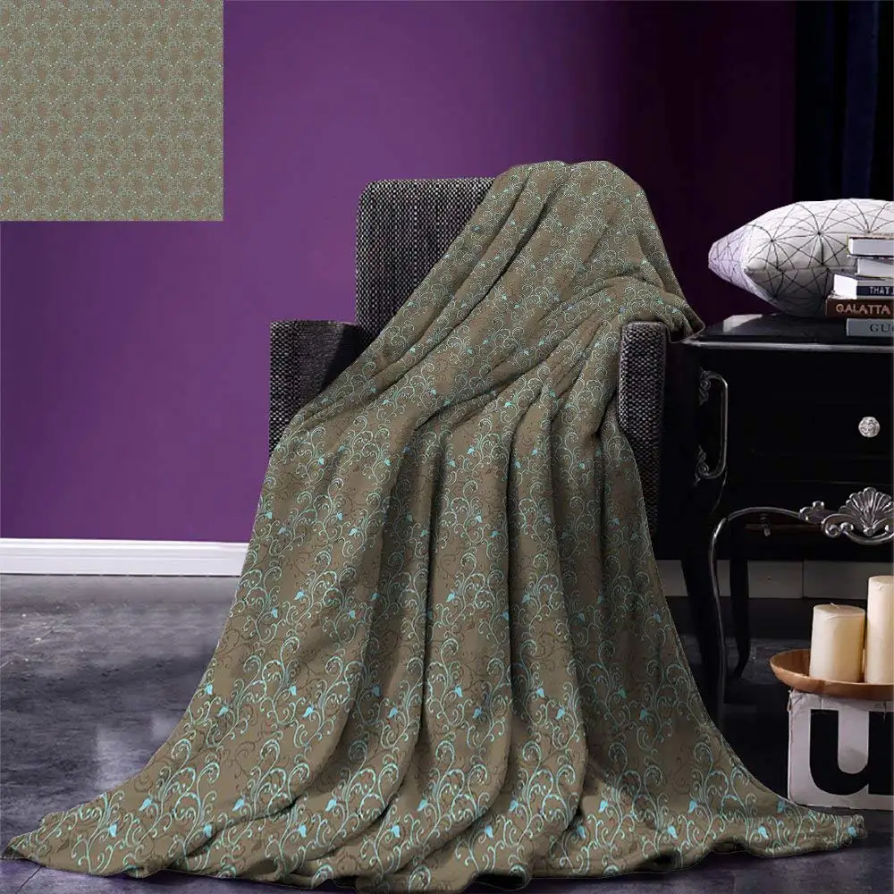 

Damask Throw Blanket Baroque Tile Pattern with Curls and Swirled Spring Branches Artistic Display Warm Microfiber Blanket