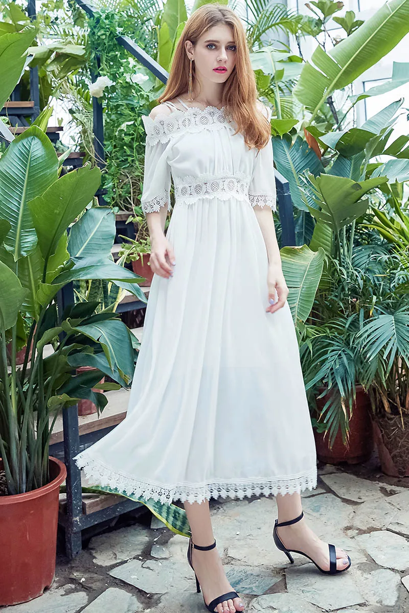 

HXJJP 2019 Summer Korean Version of The Long One-word Shoulder Lace Shoulder Slimming Skinny Beach Women's white black Dress OL