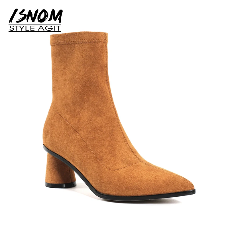 

ISNOM Big Size 33-43 Autumn Stretch Women Boots High Heels Elastic Boot 2018 Pointed Toe Female Shoes Round Heels Flock Footwear