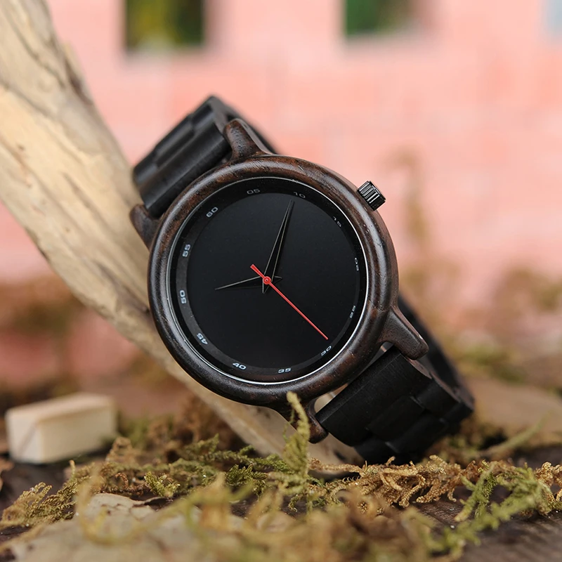 BOBO BIRD V-P10 Watches Men Natural Black Wooden Ebony Quartz Fashion Wristwatch with Red Second Hand