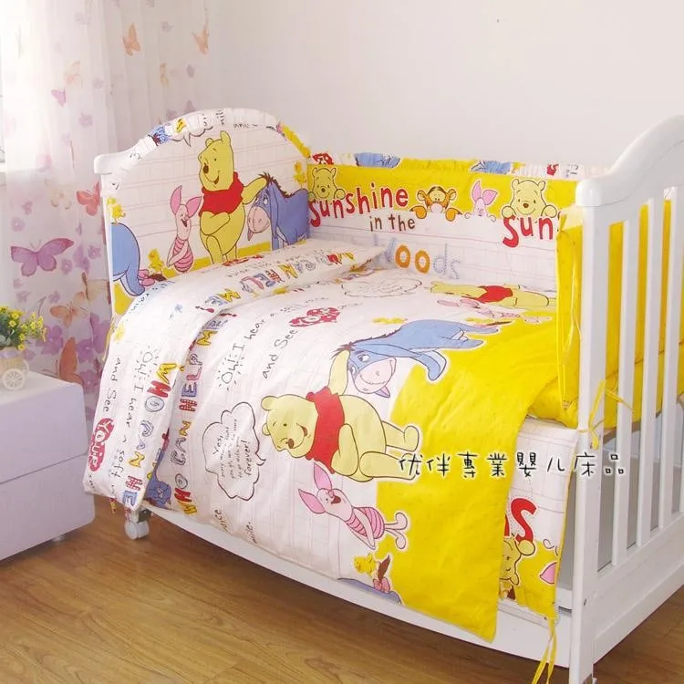Promotion! 7pcs 100% cotton Baby Quilt Nursery Comforter Cot Crib bedding (bumper+duvet+matress+pillow)