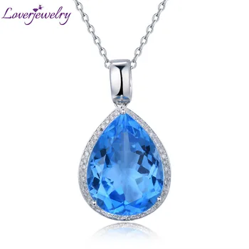 

New Vintage Pear Pendant 15x20mm 14K White Gold Diamond Blue Topaz Pendant Necklace Without Chain For Women Party Jewelry Gift