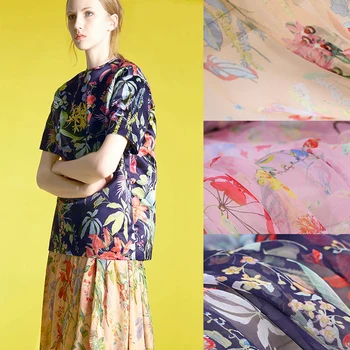 

135CM Wide 8MM Floral Thin Silk Chiffon Fabric for Summer Long and Short Dress Shirt Pink Yellow Blue Available DE338