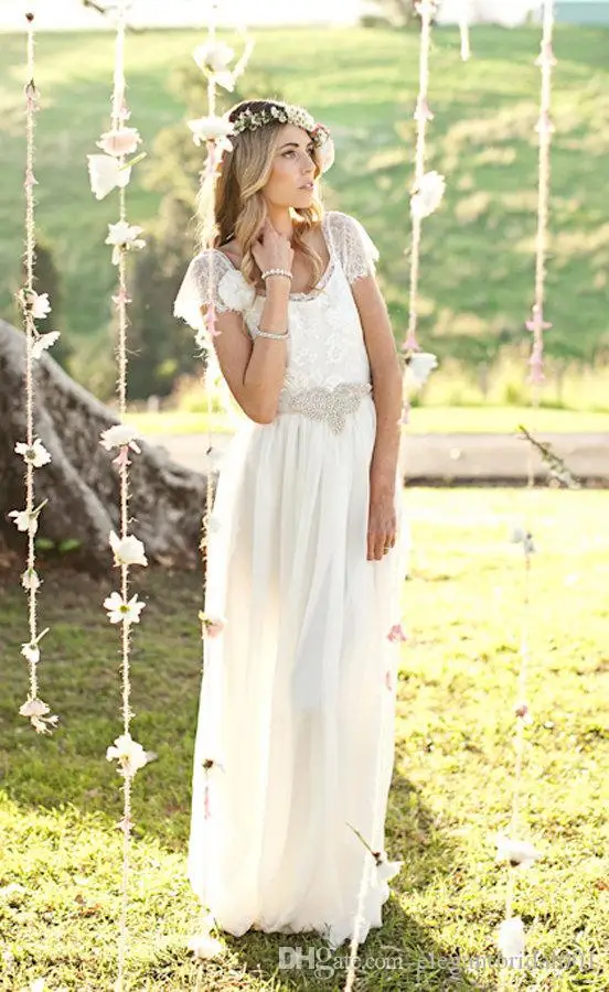 

2015 Boho Vintage lace beach wedding dress beautiful lace capped sleeves low back bridal gowns