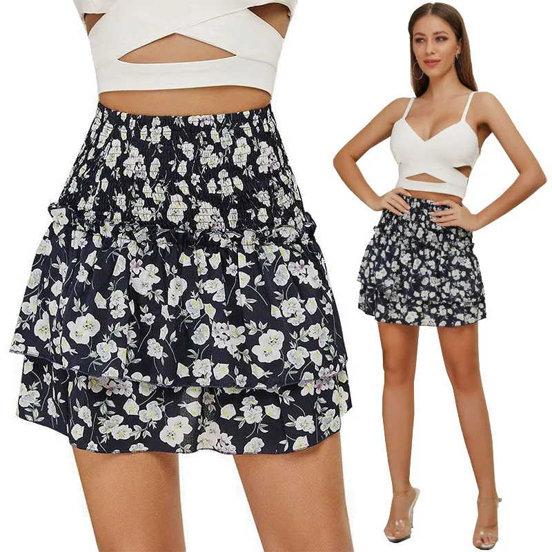 

2019 New Floral Printed Boho Summer Pleated Mini Skirts Womens Slim Ruched High Waist Layered Short A Line Ruffled Chiffon Skirt