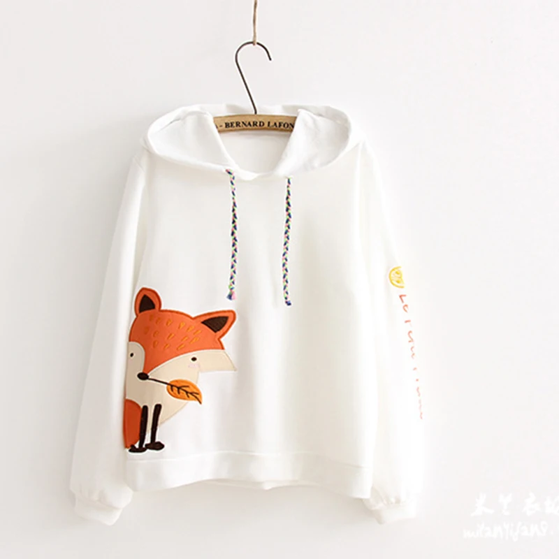 Japanese Cartoon Fox Embroidery Patch Hoodie Women Long Sleeves Loose