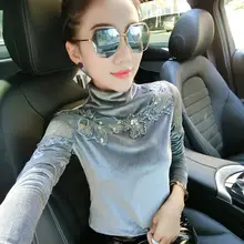 Женская осень новые кружевные топы Женская футболка с длинным рукавом Высокий воротник бархатная футболка