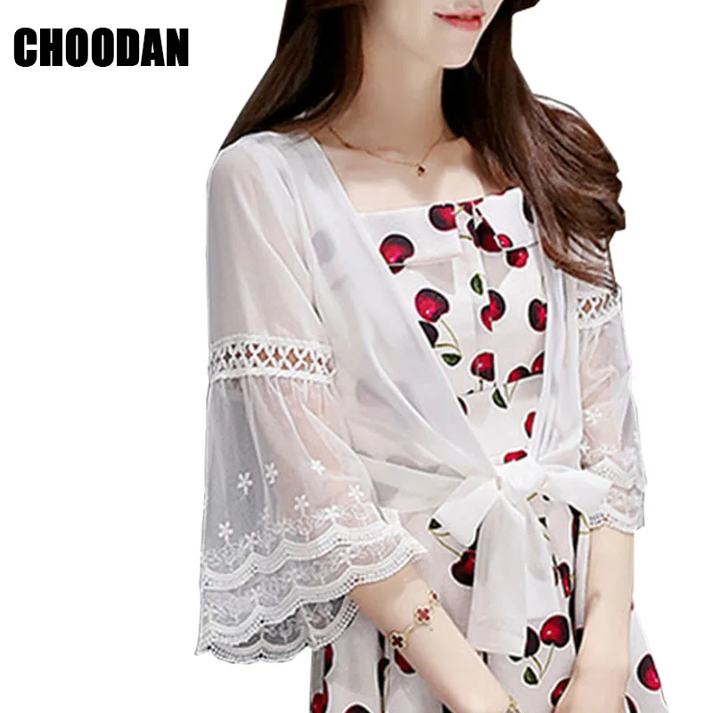 

Chiffon Blouse Shirt Lace Patchwork Flare Sleeve Sun Protection Summer Top 2018 Summer Fashion Kimono Cardigan White/Black Shirt