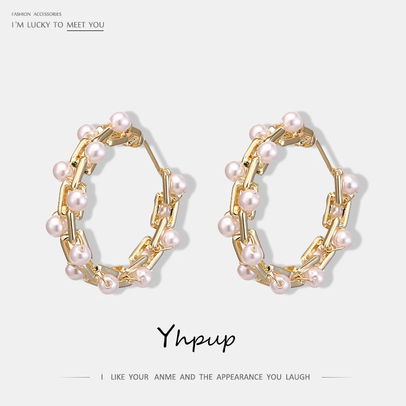 

Yhpup Trendy Brand Korean Elegant Imitation Pearl Hoop Earrings Personality Copper S925 kolczyki for Bride Party Jewelry Gift