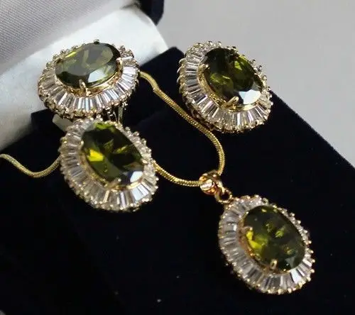 

FREE shipping>>18K Gold Plated Inlay Peridot Crystal Necklace Ring Earring set AAA 01