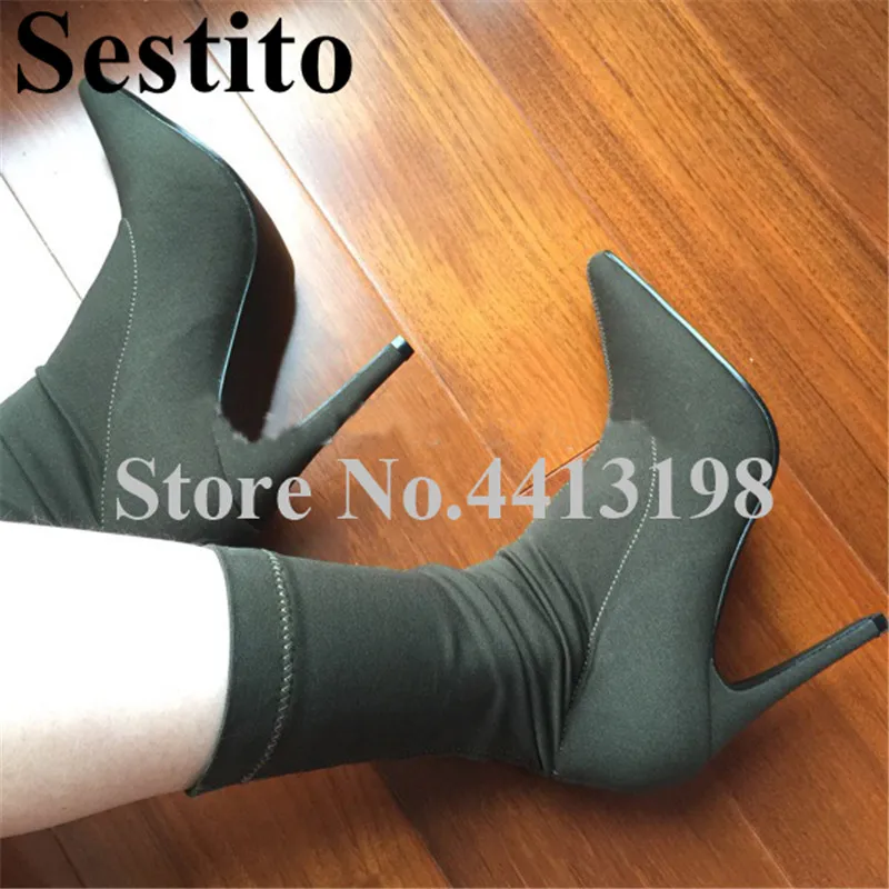 

2019 Fashion Stretch Fabric Pointed Toe Woman Boots Super High Thin Heels Mid-Calf Boots For Women Slip-on Casual Women Shoes