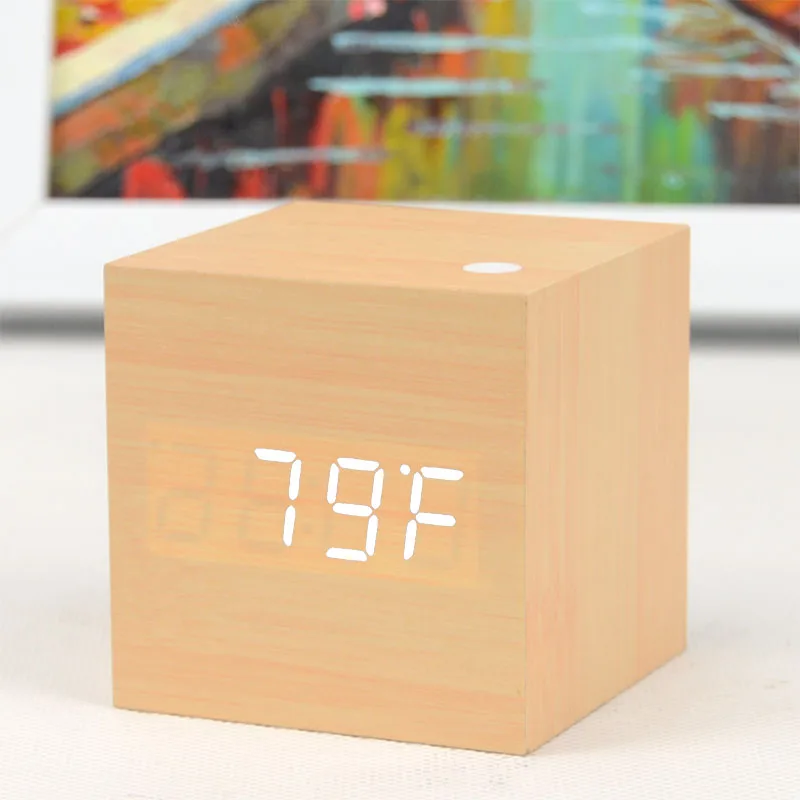 Bamboo Cube Wooden Led Digital Alarm Clock Sounds Control Calendar