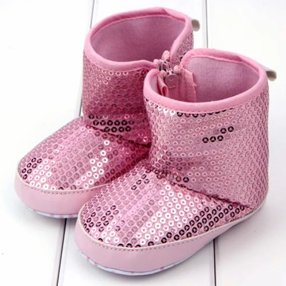 2016 Hot Sale Sequin Baby Girl High Boots Soft Sole Anti Slip Warm Toddler Girls Shoes First Walkers PE3