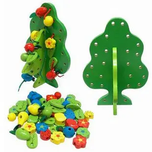 

Candice guo! Hot sale educational wooden toy green fruit tree flower leaf stringing beads game blocks children kid birthday gift