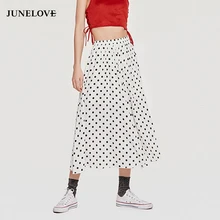 JuneLove Весенняя женская богемная элегантная прямая юбка в горошек юбка до середины икры с высокой талией шифоновые пляжные длинные юбки