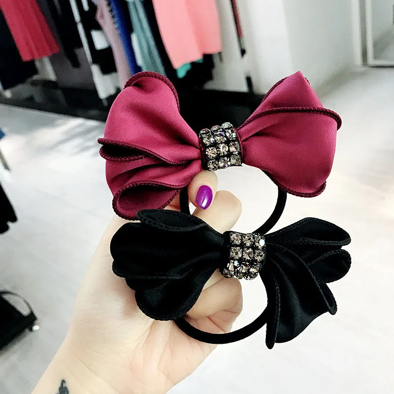 New Rhinestone Knotted Fabric Bow Elastic Hair Bands for Women Solid Color Hair Ring Rubber Rope Girls Hair Accessories Tiara