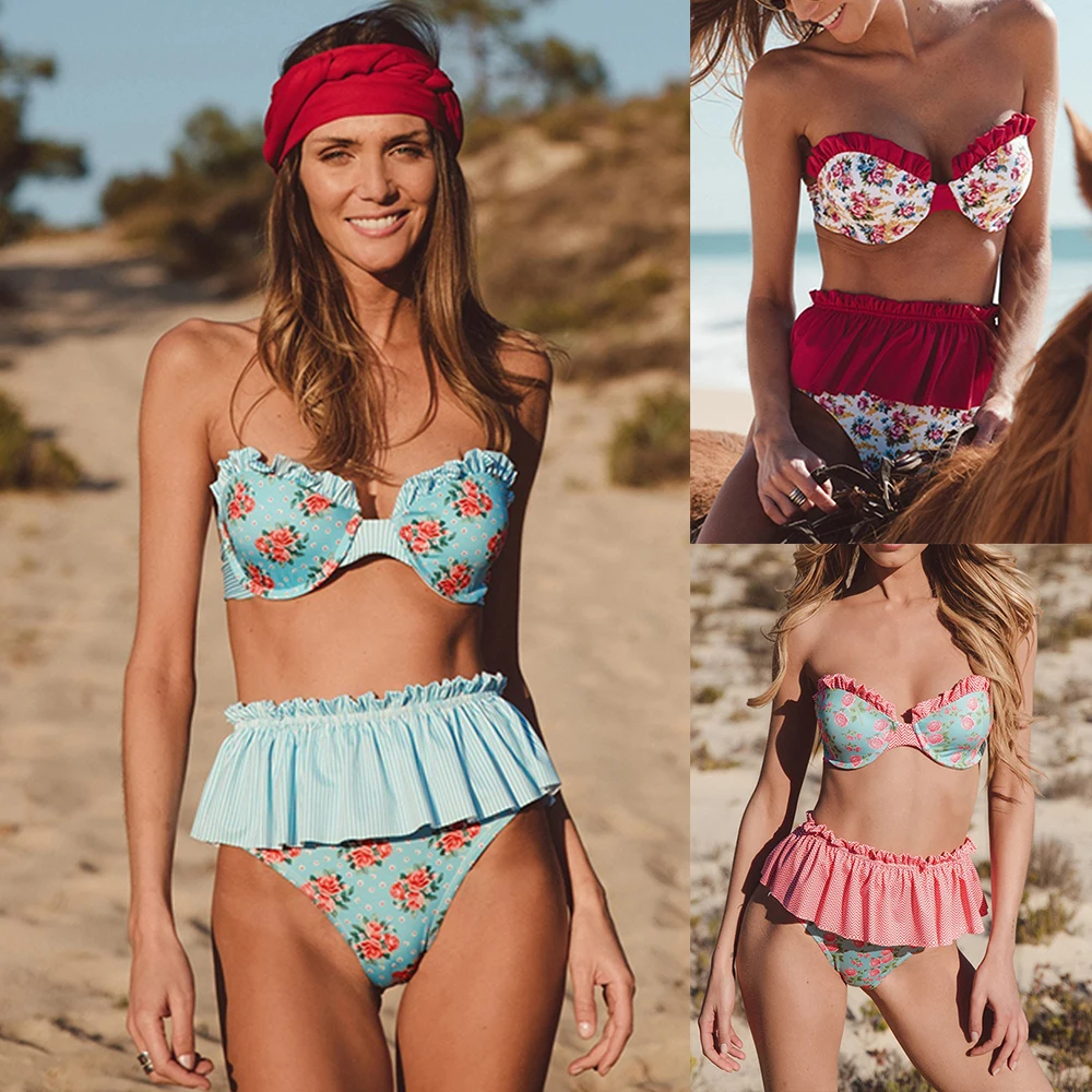 

New Girls Floral Prints Underwire Push up High waisted Bikinis set Women Skirts Lace Swimsuit Swimwear mujer Bathing Suit Beach
