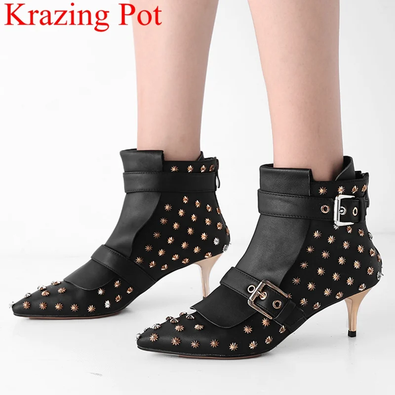 

2018 superstar big size rivet genuine leather pointed toe high heels women ankle boots office lady mujer buckle winter shoes L02