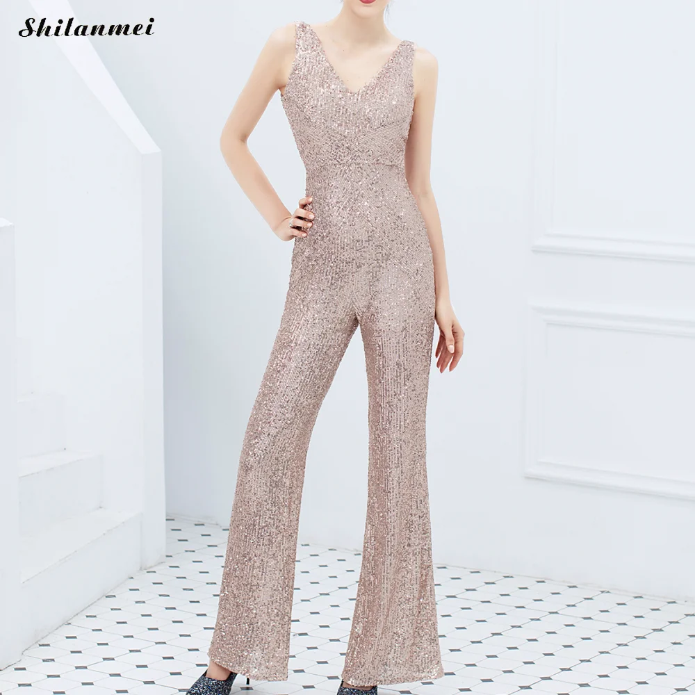 Sparkly Sequined Sequined Women Summer Sexy Deep V-Neck Club Party Long Playsuits Sleeveless Backless Elegant Romper Femme