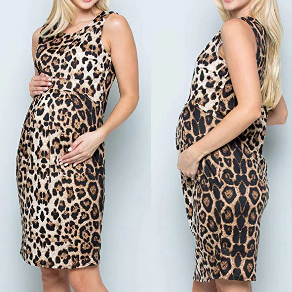 

Women's Sleeveless Maternity Dress Dress Leopard vest Maternity Fashion Lady Pregnant Women O-neck Cotton Sexy Dress 2019 new
