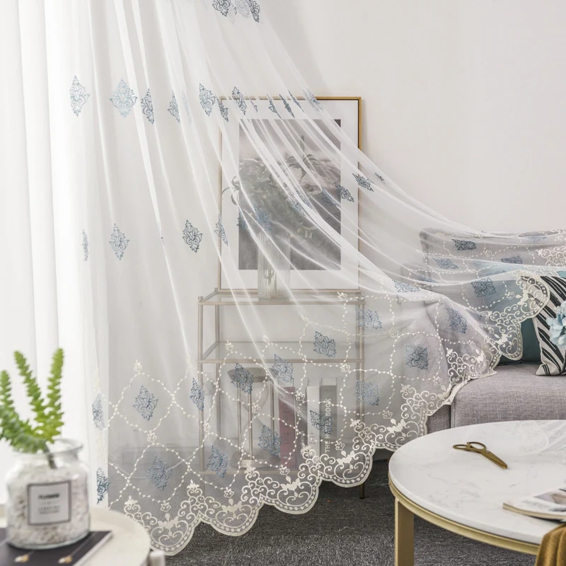 

European Style Embroidered Lace Sheer Curtains Tulle Window Curtains for Kitchen Living Room Bedroom White Voile for Cafe M068#4