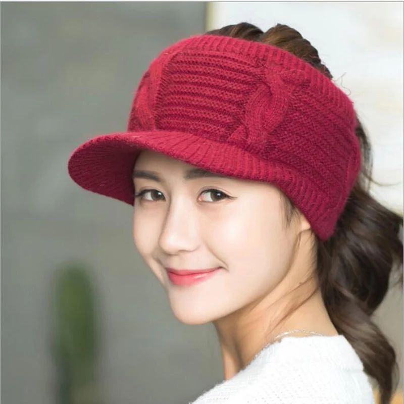 Осенне-зимние вязаные бейсбольные шапки из кроличьей шерсти для женщин, спортивные шапки с пустым верхним козырьком, Толстая теплая Модная кепка