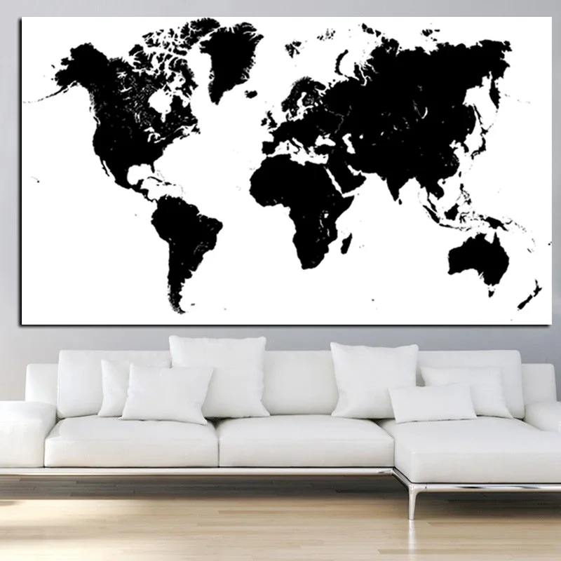 Black and White World Map Printed on Canvas