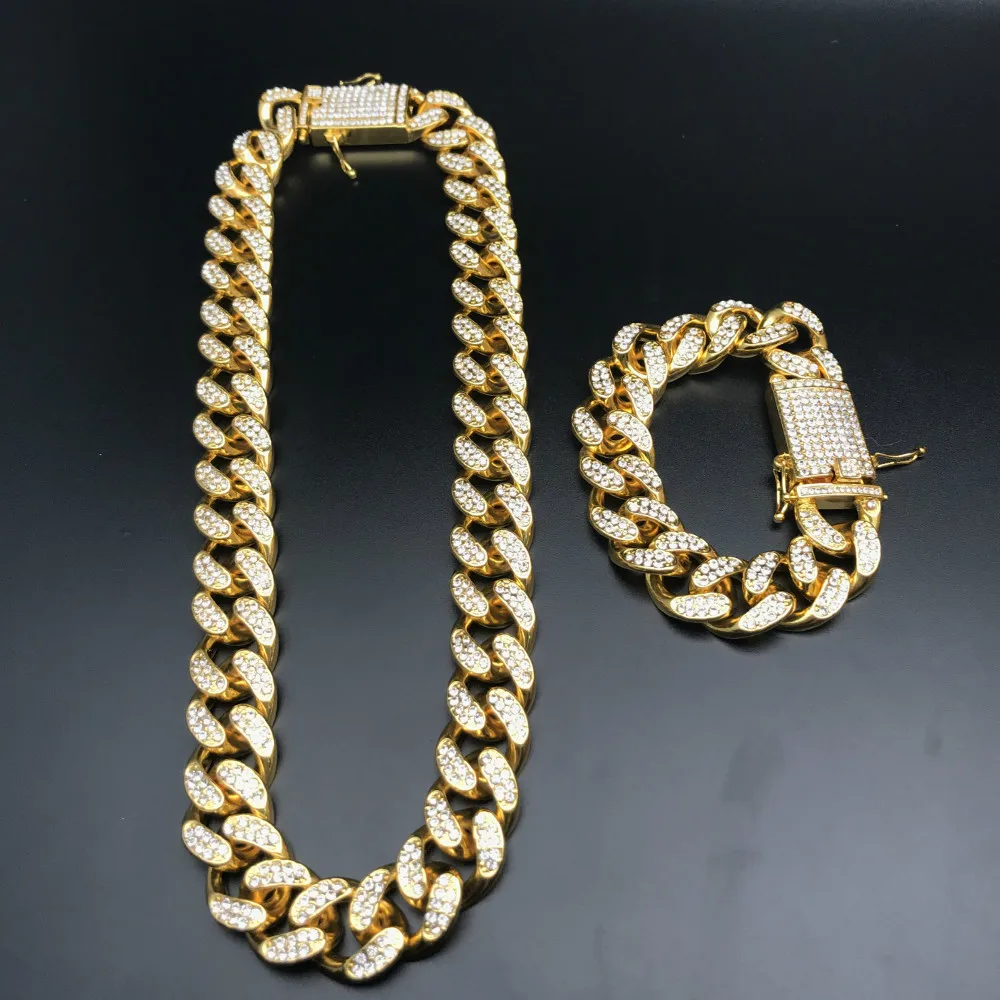 

2cm Hip Hop Gold silver Iced Out Crystal Miami Cuban Chain Gold Silver Men Watch &Necklace &amp Bracelet Set Hip Hop King New