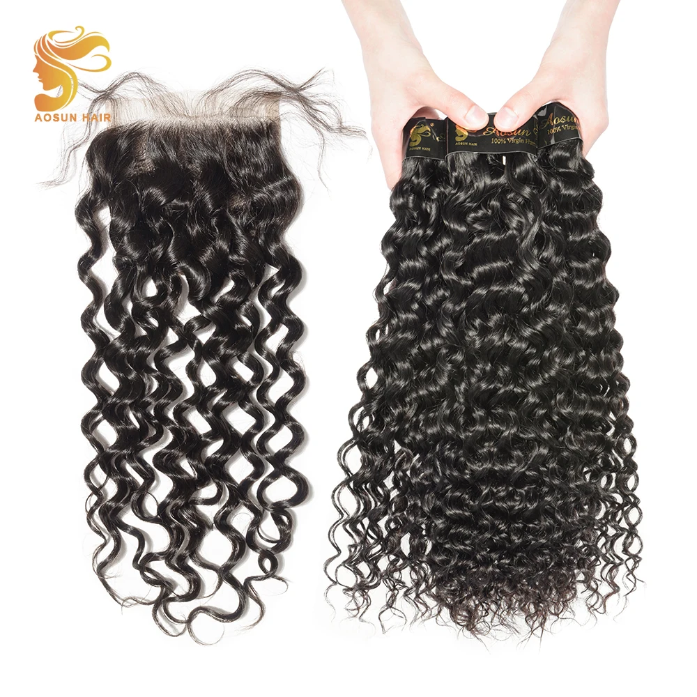 

AOSUN HAIR Peruvian Italian Curly Hair Bundles with Closure 4PCS/Lot Lace Closure with Bundles Remy Human Hair 3 Bundles