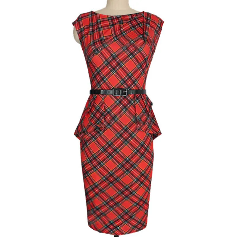 Свитера женские модные популярные новые европейские размера плюс тонкие без рукавов клетчатые платья карандаш отправить пояс vestidos LH766 - Цвет: Красный