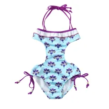 Детский купальник для девочек, купальник из полиэстера, детский купальный костюм, сплошной комбинезон с оборками и цветочным принтом, комплекты одежды для плавания K0301