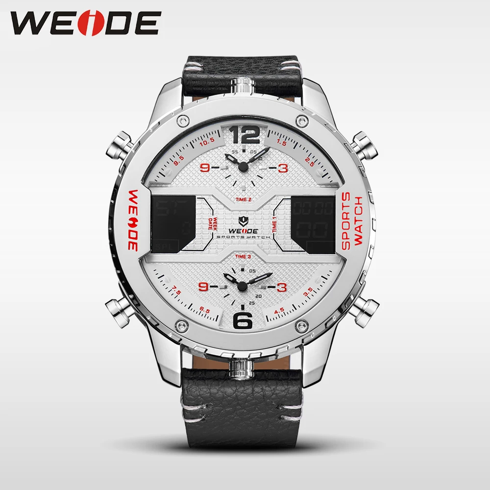 

WEIDE casual genuine luxury brand 2019 top new watch quartz men leather sport watches LED waterproof digital alarm white clock