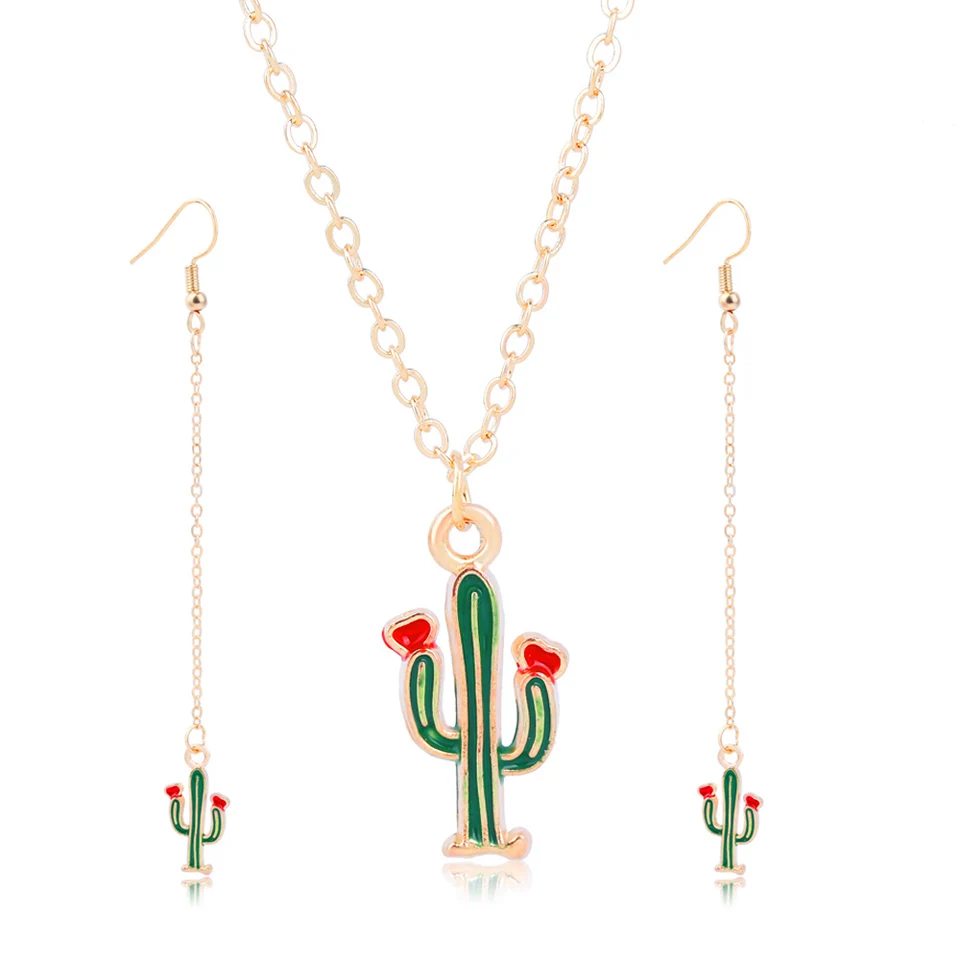 

Hot Selling Women Cactus Necklace Earring Sets Trendy Popular Handmade Jewelry Sets For Women Sweet Birthday Jewelry Gifts