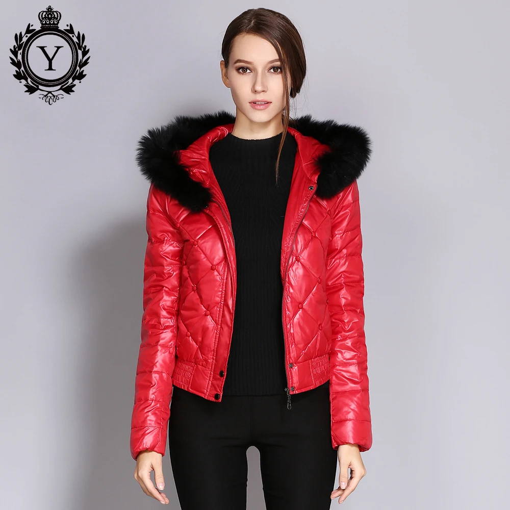 COUTUDI 2018 Solid Red Down Jacket with Fur Hood Women's Down Coat
