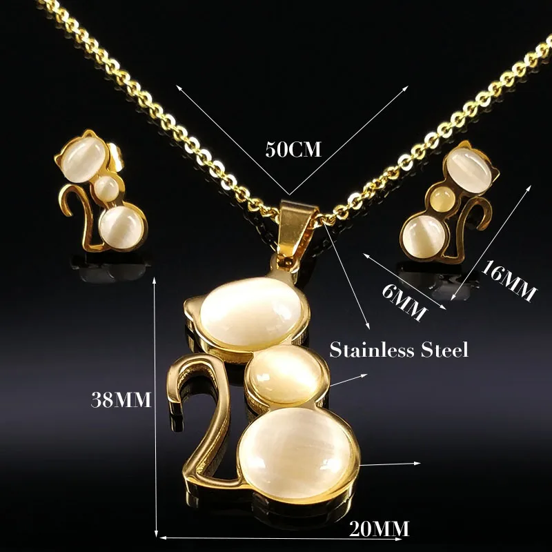 2018 moda gato ópalo pendientes de acero inoxidable collar mujeres oro Color joyería conjuntos juego de joyeria de acero gato 178554