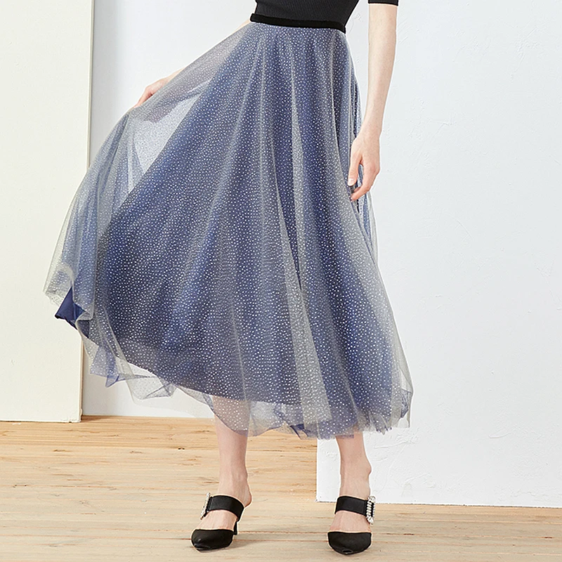 Skirts Women Dot Mesh Fabric Ball Gown Elegant Design Mid Calf Skirt