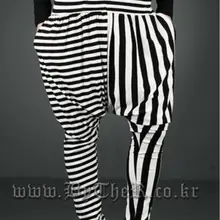 Асимметричный Черный и белый цвета штаны в полоску мужской моды личности штаны-шаровары брюки Dancer ноги брюки певцов костюмы