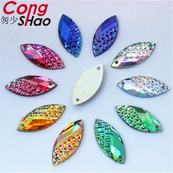 

Cong Shao 100pcs 10*23mm AB Colorful Horse Eye Acrylic Rhinestone flatback stones and crystals sewing 2 Hole costume Butto YB46