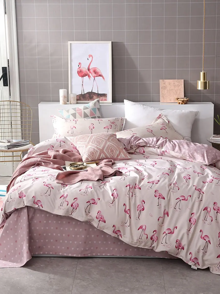 

4Pcs Duvet Cover Set Cartoon Flamingos Pattern Double Sided Bedsheet Set